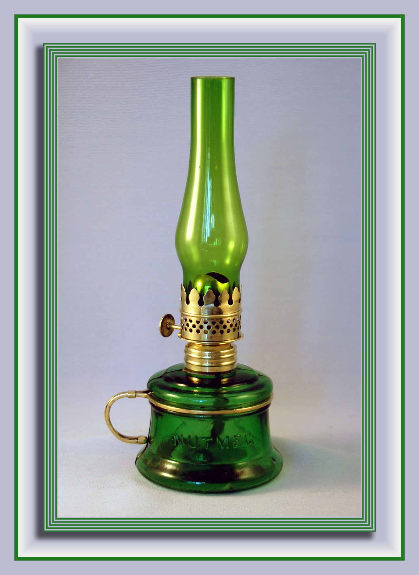 Antique Emerald Green NUTMEG Miniature Oil Lamp with Green Chimney, S1