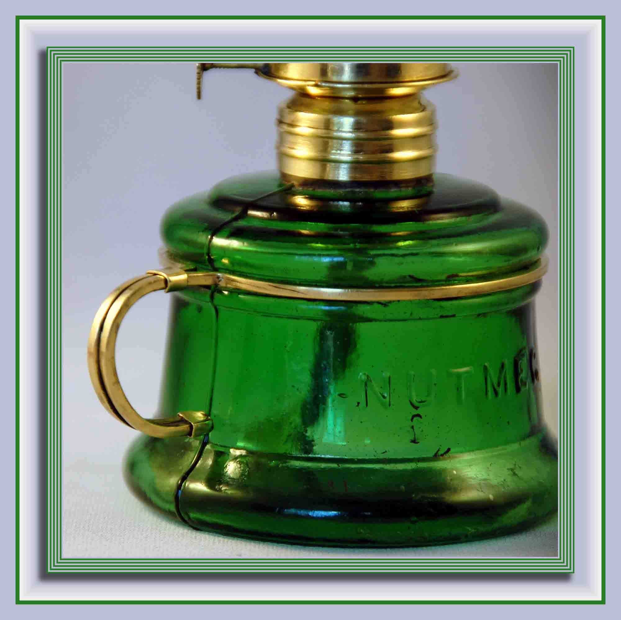 Antique Emerald Green NUTMEG Miniature Oil Lamp with Green Chimney, S1