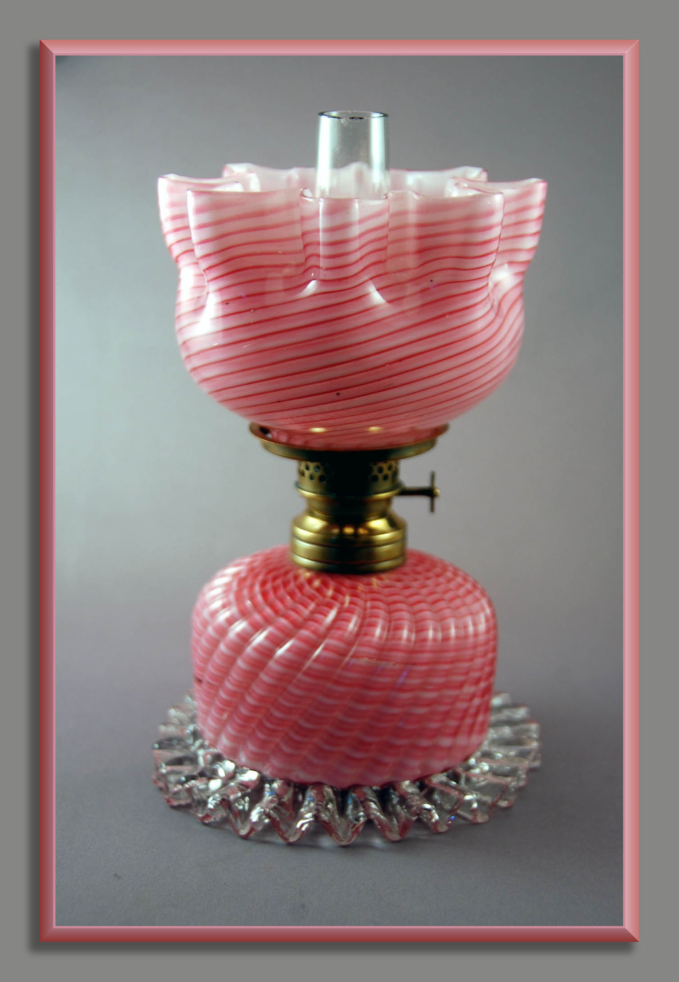 VERY RARE Antique Pink CandyStripe Art Glass Miniature Oil Lamp, H1
