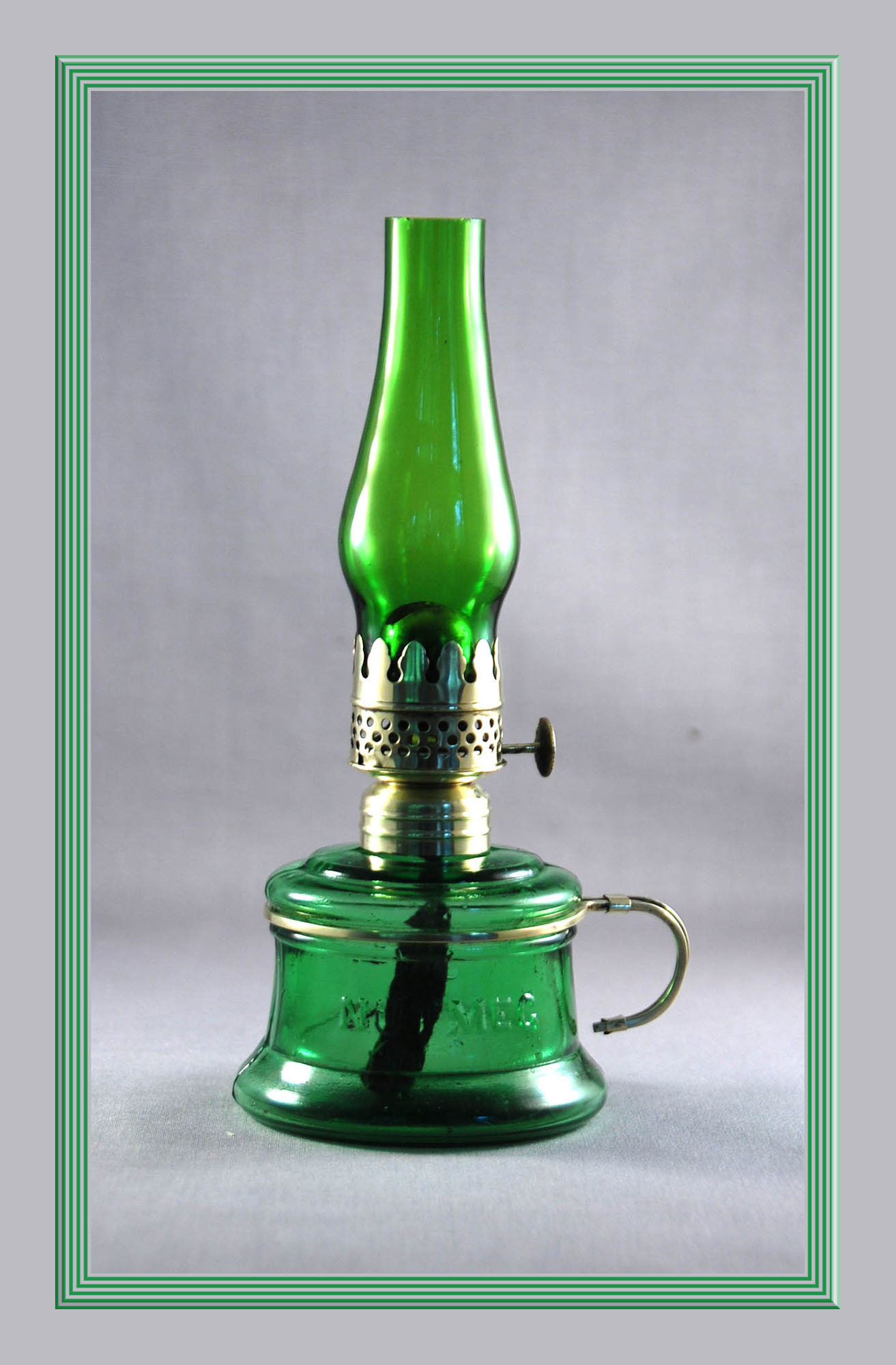 Antique Emerald Green NUTMEG Miniature Oil Lamp w/ Green Chimney, S129
